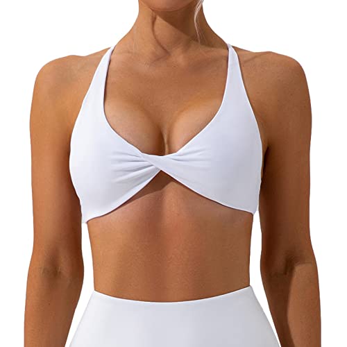 OEAK Sport BH Rückenfrei Damen Crossback Bra Twisted V-Ausschnitt Push Up Crop Top Gepolstert Bustier Ohne Bügel für Yoga Gym Fitness,1 PC Weiß,M von OEAK