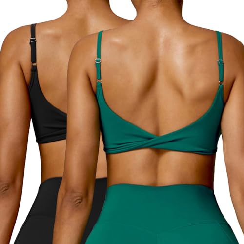 OEAK Sport BH Rückenfrei Damen Crossback Bra Twisted V-Ausschnitt Push Up Crop Top Gepolstert Bustier Ohne Bügel für Yoga Gym Fitness,2PCS Kohlenschwarz + Waldgrün,S von OEAK