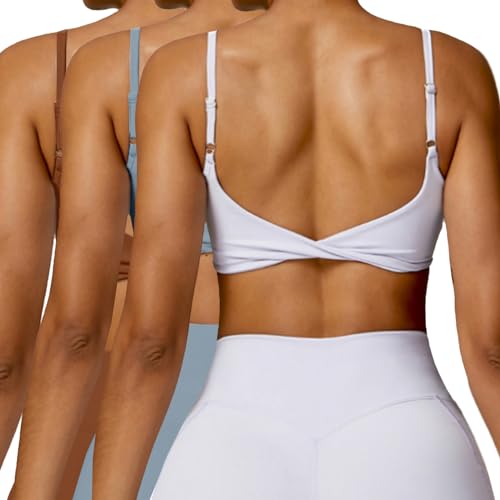 OEAK Sport BH Rückenfrei Damen Crossback Bra Twisted V-Ausschnitt Push Up Crop Top Gepolstert Bustier Ohne Bügel für Yoga Gym Fitness,3PCS Helllila + Karamellbraun + Nebelblau,S von OEAK