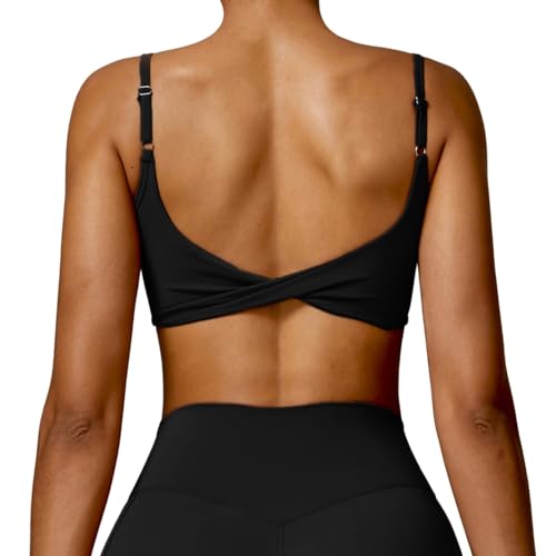 OEAK Sport BH Rückenfrei Damen Crossback Bra Twisted V-Ausschnitt Push Up Crop Top Gepolstert Bustier Ohne Bügel für Yoga Gym Fitness,Kohlenschwarz,M von OEAK