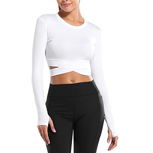 OEAK Sportshirt Damen Langarm/Kurzarm Top Nahtlos Sport Yoga Oberteile Laufshirt Sporttop Frauen Crop Top Fitness Training Gym Shirt,Langarm-Weiß,M von OEAK