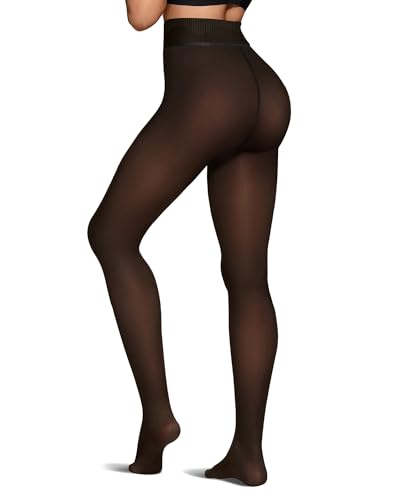 OEAK Thermo Strumpfhose Damen Gefütterte Winter Strumpfhosen mit Fleece Bauchweg Warme Gefälschte Durchscheinend Thermostrumpfhosen Pantyhose,Braun,220g,L/XL Große Größen von OEAK