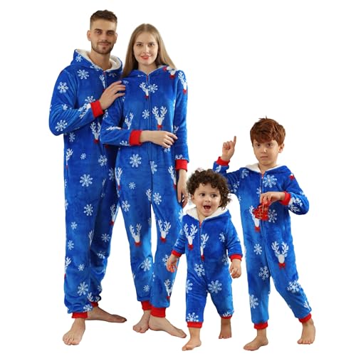 OEAK Weihnachten Schlafanzug Familien Einteiler Jumpsuit Teddy Fleece Schlafoverall Pyjama Overall Flauschig Onesie Warm Strampelanzug Nachtwäsche,Blau,Damen,L von OEAK