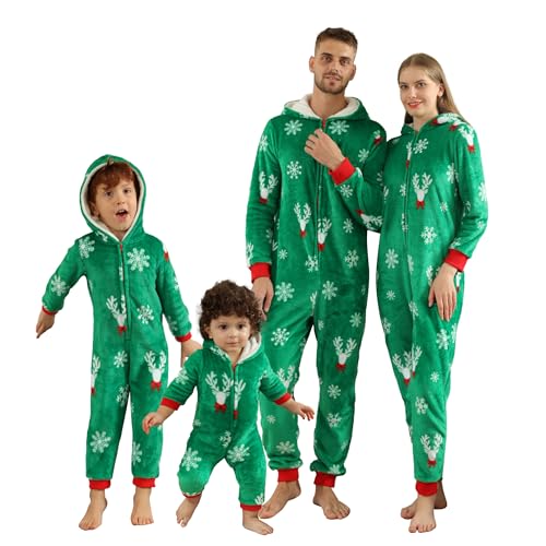 OEAK Weihnachten Schlafanzug Familien Einteiler Jumpsuit Teddy Fleece Schlafoverall Pyjama Overall Flauschig Onesie Warm Strampelanzug Nachtwäsche,Grün,Unisex Kinder,9 Jahre von OEAK