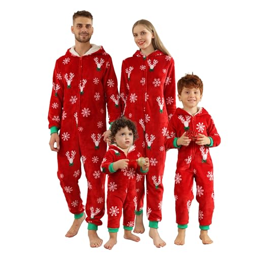 OEAK Weihnachten Schlafanzug Familien Einteiler Jumpsuit Teddy Fleece Schlafoverall Pyjama Overall Flauschig Onesie Warm Strampelanzug Nachtwäsche,Rot,Damen,XXL von OEAK