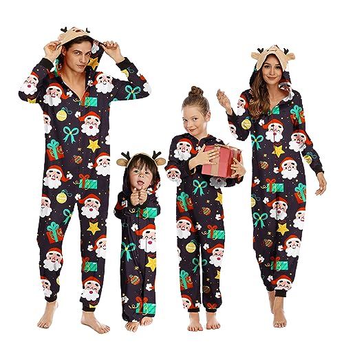 OEAK Weihnachts Schlafanzug Familie Einteiler Onesie Weihnachtspyjama Jumpsuit mit Kapuze und Reißverschluss Hausanzug für Damen Herren Kinder Baby,Damen-Braun Weihnachtsmann,M von OEAK