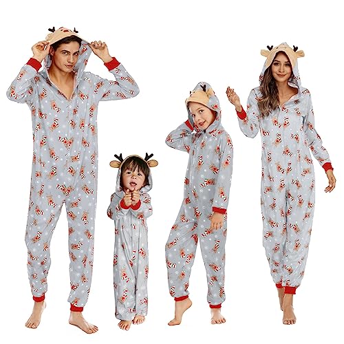 OEAK Weihnachts Schlafanzug Familie Einteiler Onesie Weihnachtspyjama Jumpsuit mit Kapuze und Reißverschluss Hausanzug für Damen Herren Kinder Baby,Damen-Grau Elch,XL von OEAK