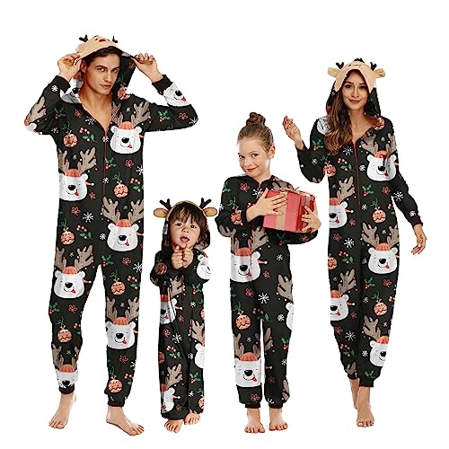 OEAK Weihnachts Schlafanzug Familie Einteiler Onesie Weihnachtspyjama Jumpsuit mit Kapuze und Reißverschluss Hausanzug für Damen Herren Kinder Baby,Damen-Schwarz Elch,M von OEAK