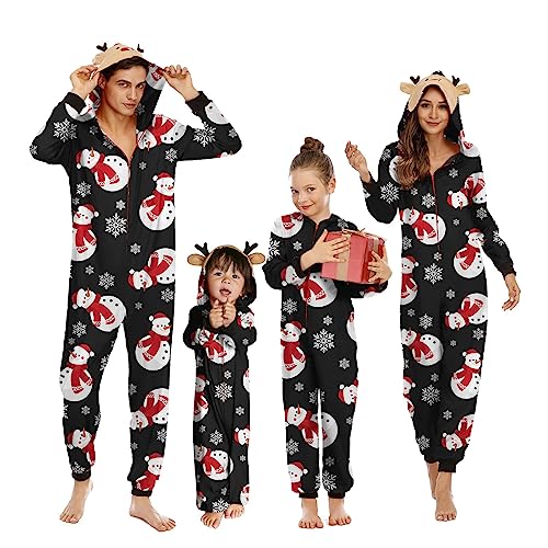 OEAK Weihnachts Schlafanzug Familie Einteiler Onesie Weihnachtspyjama Jumpsuit mit Kapuze und Reißverschluss Hausanzug für Damen Herren Kinder Baby,Herren-Schwarz Schneemann,M von OEAK