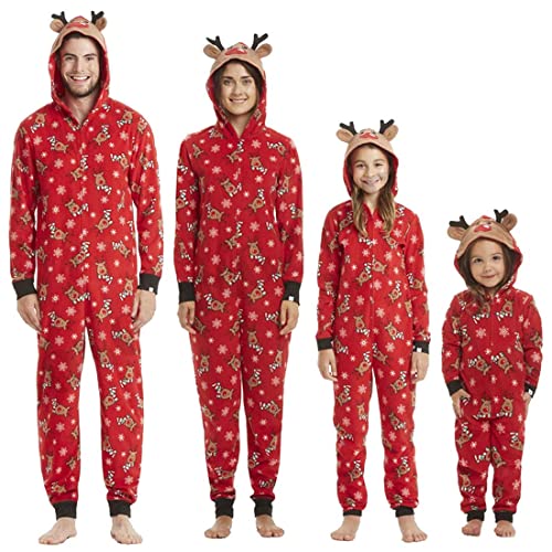 OEAK Weihnachts Schlafanzug Familie Einteiler Onesie Weihnachtspyjama Jumpsuit mit Kapuze und Reißverschluss Hausanzug für Damen Herren Kinder Baby,Unisex Kinder-Rot Elch,3 Jahre von OEAK