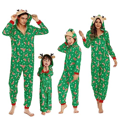 OEAK Weihnachts Schlafanzug Familie Einteiler Onesie Weihnachtspyjama Jumpsuit mit Kapuze und Reißverschluss Hausanzug für Damen Herren Kinder Baby,Herren-Grün Elch,XXL von OEAK