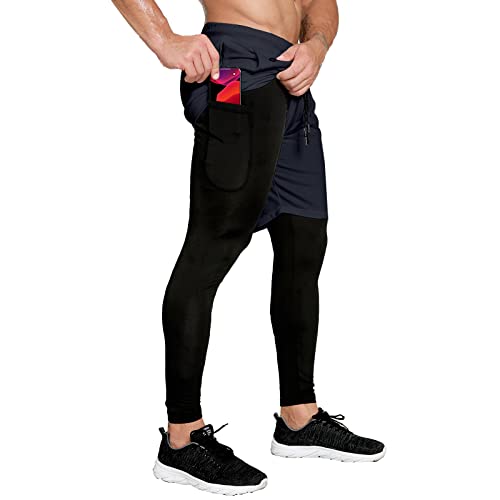 OEBLD Herren 2-in-1 Gym Pants Quick Dry Workout Running Shorts mit Kompressionshose, Marineblau, Groß von OEBLD