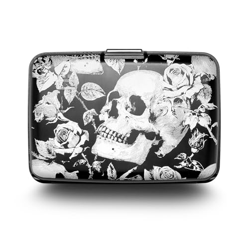 ÖGON -DESIGNS- Kartenetui aus Aluminium mit Metallverschluss, RFID-Schutz gegen Betrug und Entmagnetisierung, kompakte Brieftasche, Modell Smart Case Stockholm, Gravur "Skulls And Roses", one size von ÖGON -DESIGNS-