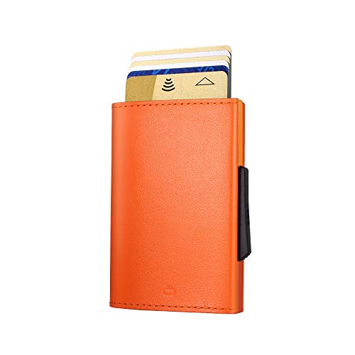 Ögon Smart Wallets - Cascade Slim Wallet - Automatische Geldbörse aus Aluminium und Leder - Popup-Karten - RFID-Schutz – Bis zu 8 Karten und Banknoten – Leder Orange/Aluminium Orange von ÖGON -DESIGNS-