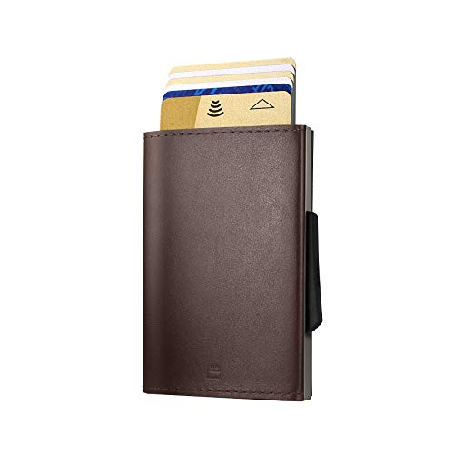 Ögon Smart Wallets - Cascade Slim Wallet - Automatische Geldbörse aus Aluminium und Leder - Popup-Karten - RFID-Schutz – Bis zu 8 Karten und Banknoten – Leder Braun/Aluminium Titanium von ÖGON -DESIGNS-