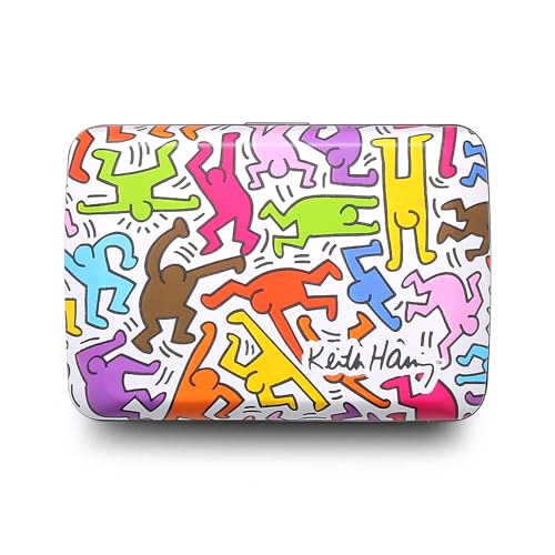 OGON Aluminium Geldbörse Smart Case V2 - Einfache Lagerung - Metallverschluss - Kartenetui mit RFID-Schutz - Bis zu 10 Karten und Banknoten (Print Keith Haring Color) von ÖGON Smart Wallets