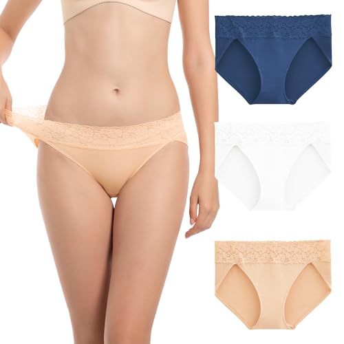 OEIOEI Bambus Unterwäsche Damen Niedrige Slip Hoher Beinausschnitt Mikrofaser Unterhosen 3er Pack (M, Beige/Weiß/Marineblau) von OEIOEI