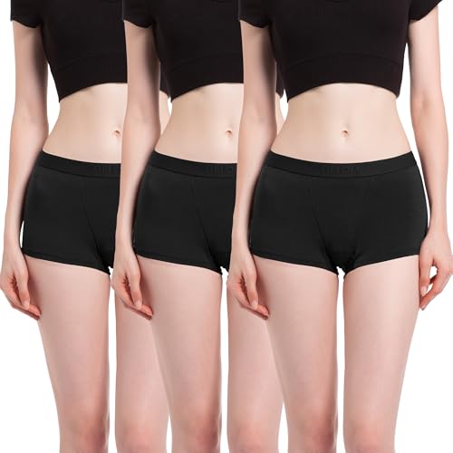 OEIOEI Damen Boxershorts Schwarz Bambusfaser Unterhosen Hipster Boyshort Pantys Microfaser 3 Pack (M, 3 Schwarz) von OEIOEI