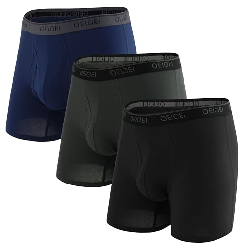 OEIOEI Herren Boxershorts Baumwolle Sport Unterhosen Männer Weiche Unterwäsche mit Eingriff 3er Pack (S, Schwarz/Dunkelblau/Grau) von OEIOEI