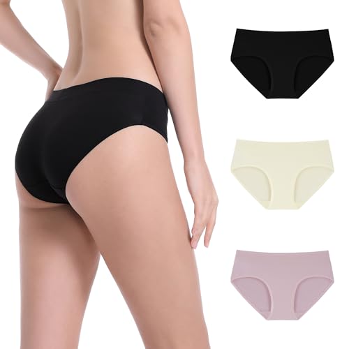 OEIOEI Hipster Unterwäsche Damen Baumwolle Stretch Slips Frauen Atmungsaktiv Unterhosen 3er Pack (L,Schwarz/Rosa/Gelblich) von OEIOEI