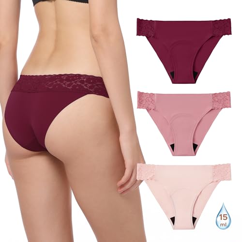 OEIOEI Period Pants Light Flow Spitzenbesatz Menstruationsunterwäsche Low Rise Auslaufsichere Höschen 3 Stück, Burgunderrot/Rosa/Blassrosa, M von OEIOEI