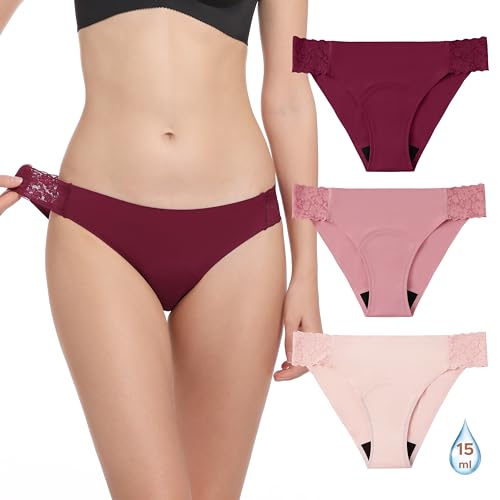 OEIOEI Perioden Unterschwäsche Leichte Blutung Menstruation Slip Spitze Periode Unterhose 3er Pack (L, Hellrosa/Bohnenpaste/Weinrot) von OEIOEI