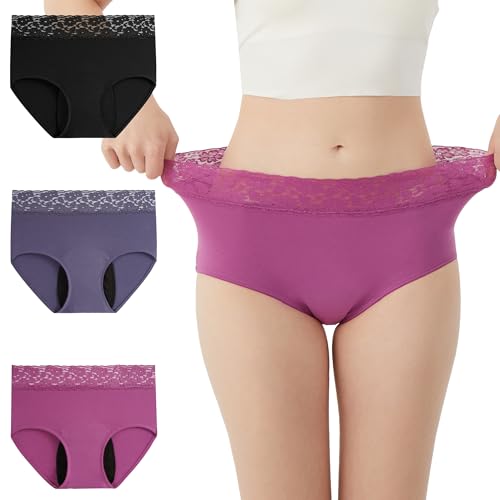 OEIOEI Perioden Unterwäsche Starke Blutung Spitze Unterhosen High Waist Menstruation Slip Mehrpack 3 (L, Beerenviolett/Blau-Lila/Schwarz) von OEIOEI