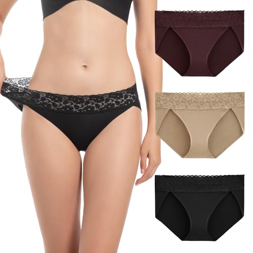OEIOEI Slip Damen Bambus Spitze Unterhosen Hipster Pantys Niedrige Unterwäsche Microfaser 3er Pack (XL, Schwarz/Weinrot/Khaki) von OEIOEI
