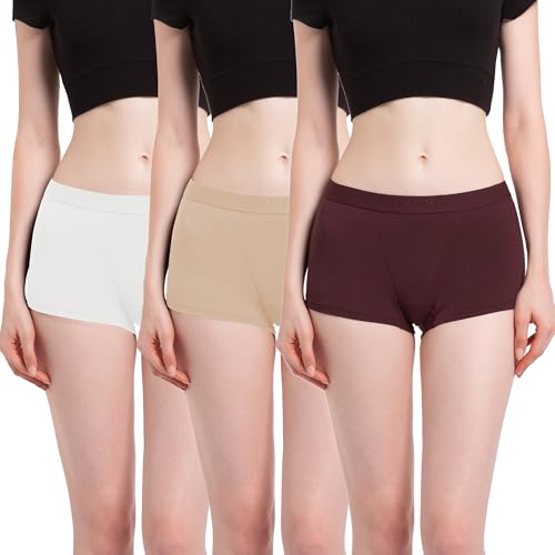 OEIOEI Unterhosen Damen Bambus Boxershorts Stretch Unterwäsche Frauen Mikrofaser Panties 3er Pack (M, Weinrot/Khaki/Cremeweiß) von OEIOEI