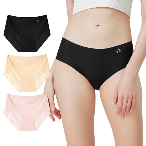OEIOEI Unterhosen Damen Nahtlos Slip Mittlere Taille Panties Weich Unsichtbare Unterwäsche 3er Pack (S, Schwarz/Beige/Rosa) von OEIOEI