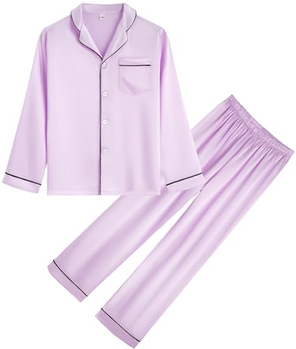 OEIU Kid Silky Satin Pajamas Set for Girls Boys pj Set Sleepwear Button-up Lounge Sets Nightwear Light Purple 170 von OEIU