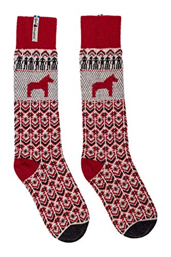 ÖJBRO VANTFABRIK "Dalarna Socken Kniestrümpfe rot/beige/schwarz Gr. M Lammwolle Stricksocken Strick warm weich - Hergestellt in Schweden von ÖJBRO VANTFABRIK