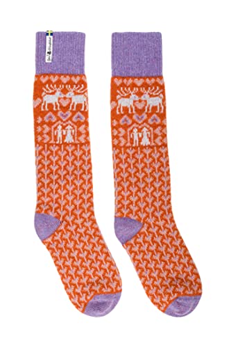 ÖJBRO VANTFABRIK "Fästfolk Estelle & Esbjörn Socken Kniestrümpfe orange/hellblau/lila Gr. S Lammwolle Stricksocken Strick warm weich - Hergestellt in Schweden von ÖJBRO VANTFABRIK