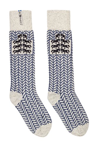 ÖJBRO VANTFABRIK "Gotland Kalk Socken Kniestrümpfe natur/blau/russ Gr. L Lammwolle Stricksocken Strick warm weich - Hergestellt in Schweden von ÖJBRO VANTFABRIK