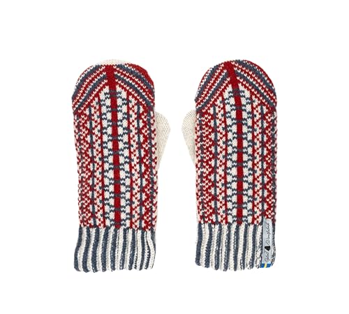 ÖJBRO VANTFABRIK "Lycksele Fäustlinge 4 Lagen rot/blau/natur Gr. L 100% Merinowolle Handschuhe Strick warm weich - Hergestellt in Schweden von ÖJBRO VANTFABRIK