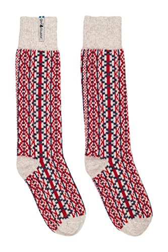 ÖJBRO VANTFABRIK "Lycksele Socken Kniestrümpfe natur/rot/blau Gr. M Lammwolle Stricksocken Strick warm weich - Hergestellt in Schweden von ÖJBRO VANTFABRIK