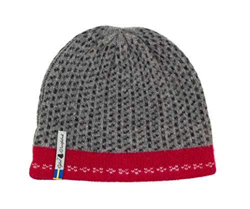 ÖJBRO VANTFABRIK Mütze 100% Merinwolle gefüttert Fleece Gr. M grau rot Winter Strickmütze Wolle warm, weich, Made in Sweden von ÖJBRO VANTFABRIK