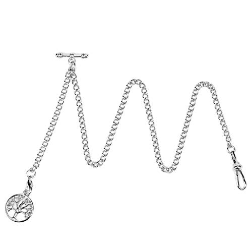 ÖSSZEFUT Albert Chain Taschenuhr, Curb Link Chain Antique Plating Shield Design Fob T Bar für Männer Silber mit Life Tree Anhänger von ÖSSZEFUT