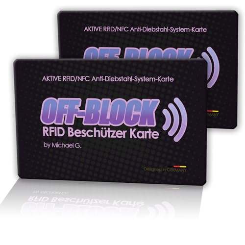 2 x Off-Block Aktive RFID/NFC Beschützer Karte 2er Set RFID-Blocker-Karte Schwarz Blocking Card Neueste Generation 2024 Schutz vor Datendiebstahl Das Original aus dem Shopping TV by Michael G. 2 x Off-Block Aktive RFID/NFC Beschützer Karte 2er Set RFID-Blocker-Karte Schwarz Blocking Card Neueste Generation 2024 Schutz vor Datendiebstahl Das Original aus dem Shopping TV by Michael G. von OFF-Products
