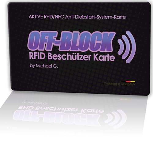 Off-Block Aktive RFID/NFC Beschützer Karte I RFID-Blocker-Karte Schwarz Blocking Card I Neueste Generation 2024 Schutz vor Datendiebstahl I Das Original aus dem Teleshopping by Michael G. von OFF-Products