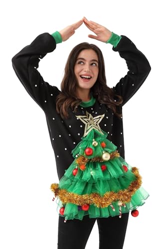 OFF THE RACK Damen Hässlicher Weihnachtspullover Hoodie lustiger gestrickter Kapuzenpullover für Weihachten festliches Weihnachts Kostüm Sweatshirt für PartyTis The Time for Tinsel 3XL von OFF THE RACK