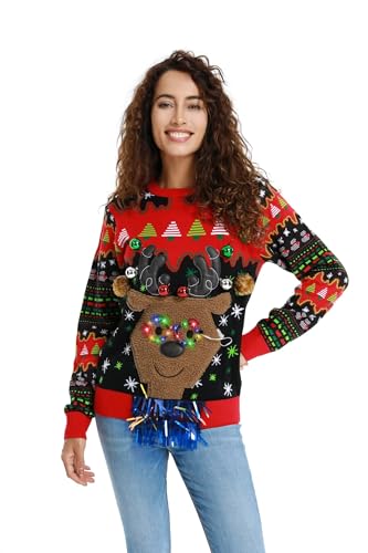 OFF THE RACK Hässlicher Weihnachtspullover Damen Unisex Lustiger LED Chunky Gestrickter Festlicher Pullover für Party ReindeerXXL von OFF THE RACK