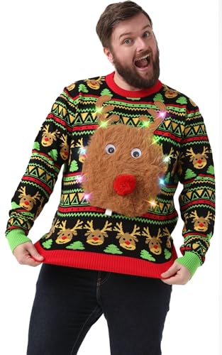 OFF THE RACK Hässlicher Weihnachtspullover Herren Damen Unisex Lustiger LED Leuchtende Chunky Gestrickter Festlicher Rundhalsausschnitt Langarm Pullover für Party XXL von OFF THE RACK