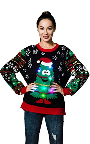 OFF THE RACK Womens Lustig LED Weihnachtspullover für Damen Strickpullover für Weihnachtsparty Pullover Sweater, Happy to Tree You, XL von OFF THE RACK