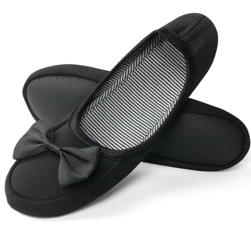 OFFCUP Damen Ballerina Hausschuhe Loafer Pantoffeln Mit Elegant Schleife Und Memory Foam - Gemütlich Leicht Mit Anti-Rutsch Weiche Gummisohle, Schwarz, Large von OFFCUP