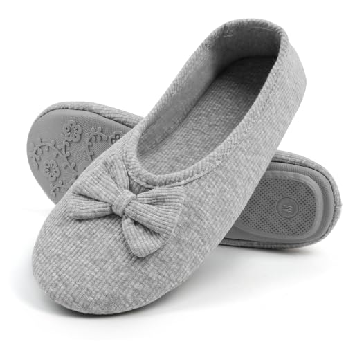 OFFCUP Damen Ballerina Hausschuhe Hausschuhe Loafer Slipper mit Eleganter Schleife und Memory Foam Gemütlich Leicht Hüttenschuhe mit Anti-Rutsch Weiche Gummisohle, grau, Large von OFFCUP