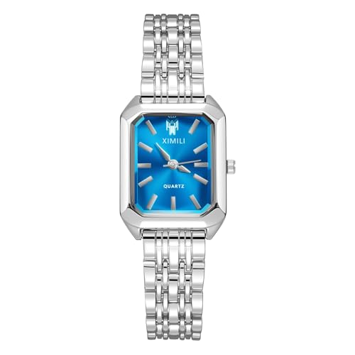 OFFCUP Damenuhr Rechteckige, Damen Analog Quarz Uhr mit Edelstahl Armband, Uhren Damen Klein Einfache Vintage Klassische Armbanduhr Lässig Quarzuhr Kleideruhr, 3 Zeiger -Blau von OFFCUP