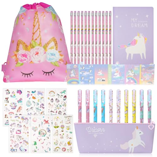 OFFCUP Einhorn Schreibwaren Geschenk Set, Einhorn Stifte Set, Inklusive Kordel Lagerung Taschen, 1 Bleistifttasche, 12 Bleistift, 10 Gelschreiber, 1 Federmäppchen, 6 Aufkleber, 1 großes Buch von OFFCUP