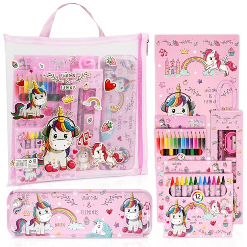 OFFCUP Einhorn Schreibwaren Set, 31pcs Geschenkset, Netz-Federmäppchen, Radiergummi, Notizbuch, Bleistiftspitzer, Lineal, Bleistift*2, 1 Schachtel mit 12 Buntstiften, 1 Schachtel mit 12 Buntstiften von OFFCUP