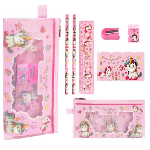 OFFCUP Einhorn Schreibwaren Set, 7pcs Einhorn Schreibwaren Geschenkset für Mädchen, Einhorn Geschenke für Mädchen Federmäppchen, Bleistift, Lineal, Notizbuch, Anspitzer, Radiergummi von OFFCUP